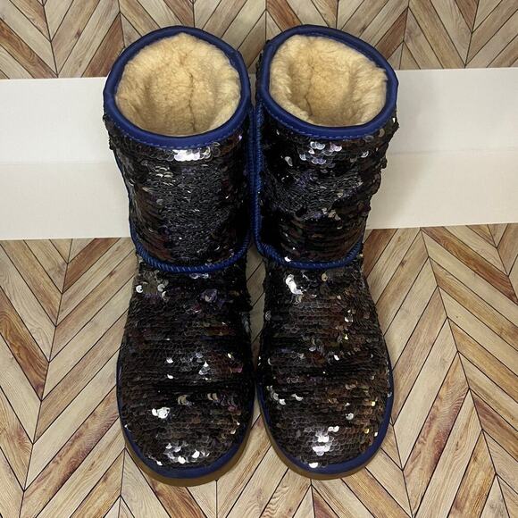 UGG Classic Short Sequin Winter Boots with Plush Wool Lining Blue Women's Size 7 - Picture 4 of 13